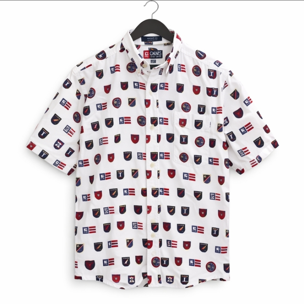 Chaps White Nautical Crest & Maritime Flag Print Button Down Shirt Mens Lg